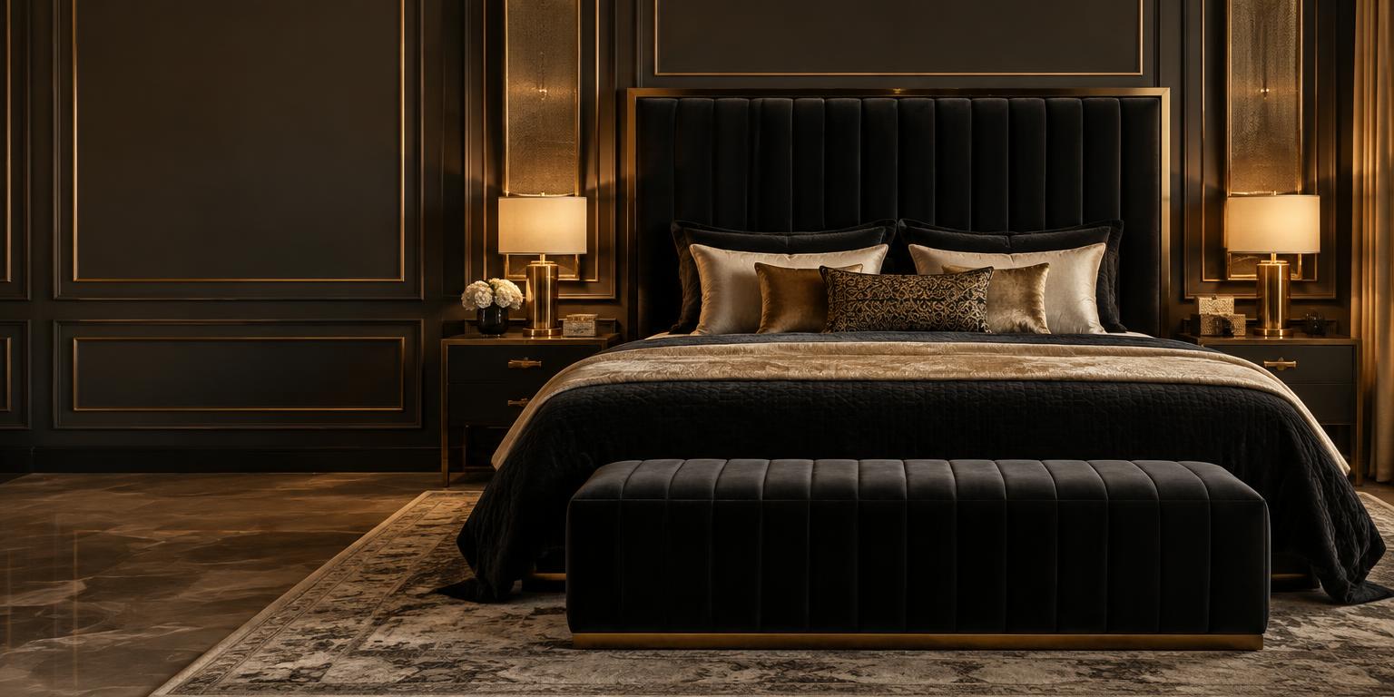 Luxury black and gold bedroom interior
